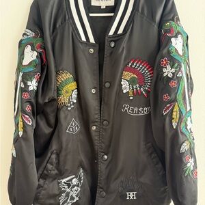 Reason Black Satin Varsity Jacket with Multicolor Embroidery